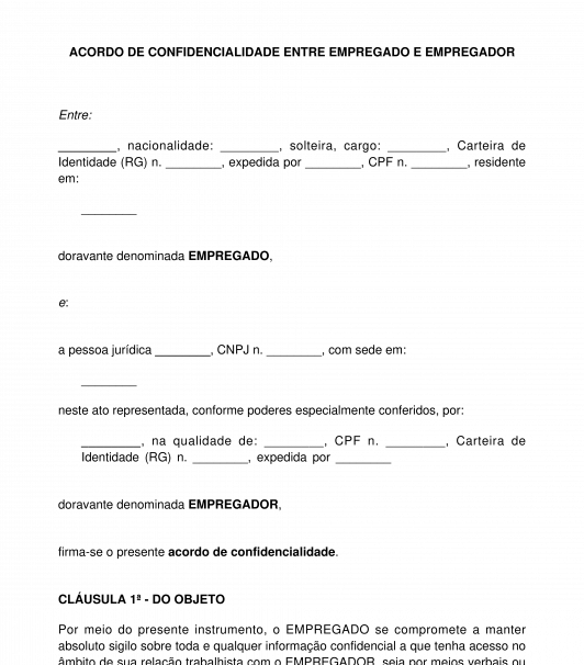 Acordo de confidencialidade entre empregado e empregador