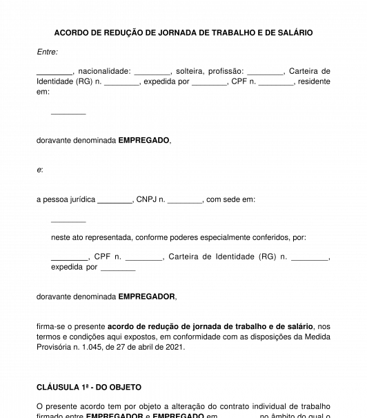 Acordo individual de redução de jornada de trabalho e de salário devido ao Covid-19/coronavírus