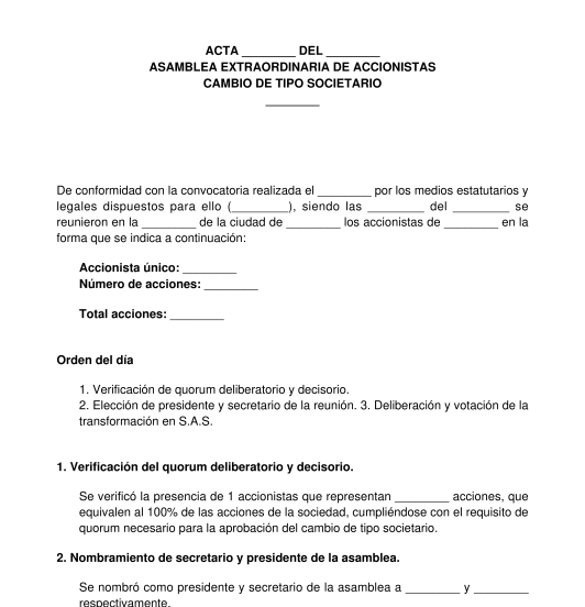 Acta de cambio de tipo de sociedad a S.A.S.