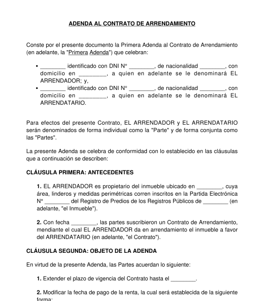 Adenda al contrato de arrendamiento de inmueble