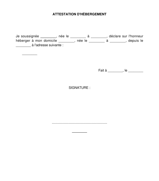Attestation d'hébergement