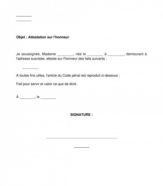 Attestation sur l'honneur