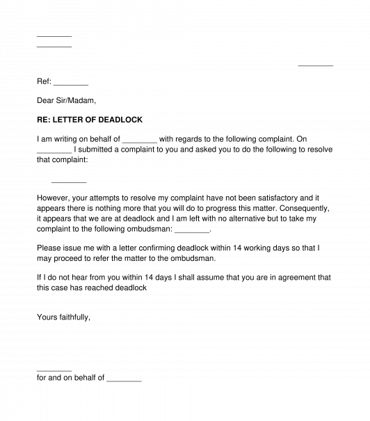 Business Letter of Deadlock before Complaint to Ombudsman
