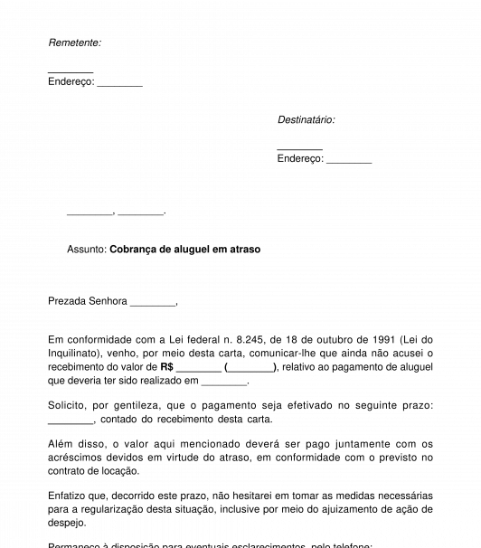 Carta de cobrança de aluguel