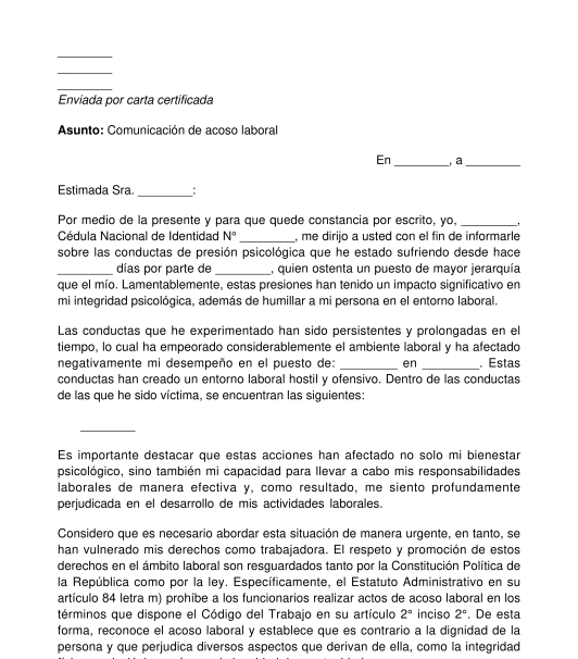 Carta de comunicación de acoso laboral a su empleador