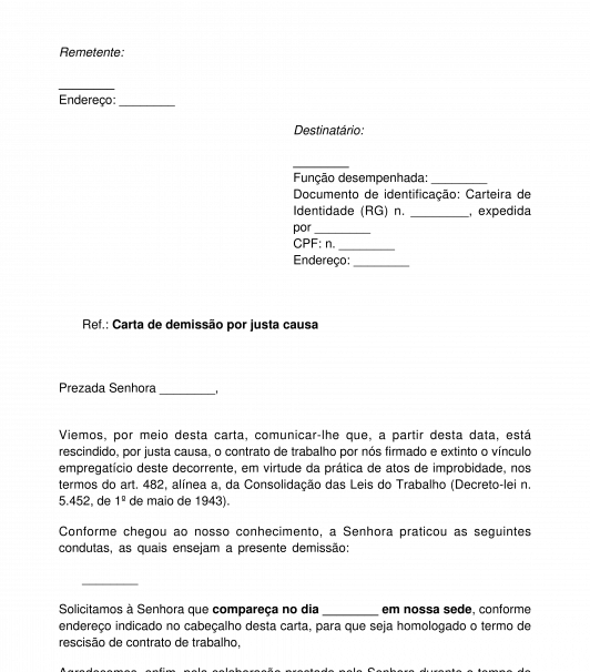 Carta de demissão por justa causa