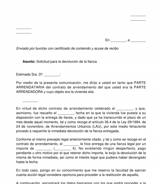 Carta para reclamar la devolución de la fianza al arrendador