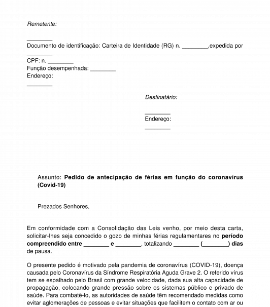 Carta de pedido de antecipação de férias em função do Covid-19/coronavírus