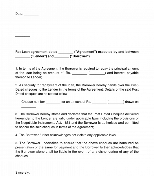 Cheque Deposit Letter Pursuant to a Loan Agreement