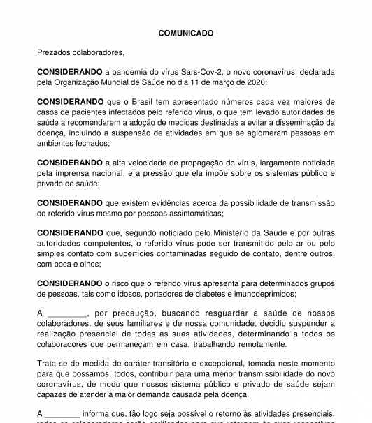 Comunicado informando suspensão das atividades presenciais em função do coronavírus