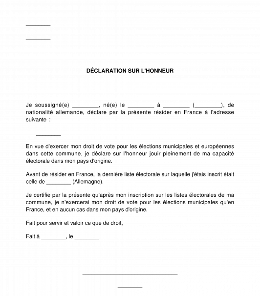 Déclaration sur l'honneur pour s'inscrire sur les listes électorales en France en tant que citoyen européen