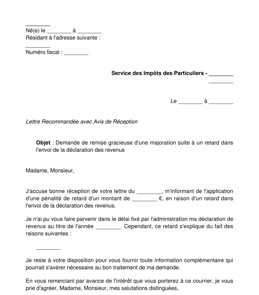 Demande d'une remise gracieuse de la majoration de retard particuliers
