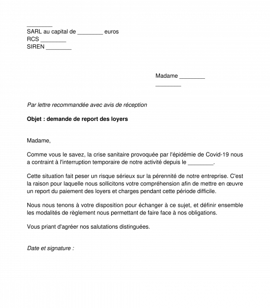 Demande de report des loyers d'une entreprise affectée par l'épidémie de Covid-19/Coronavirus