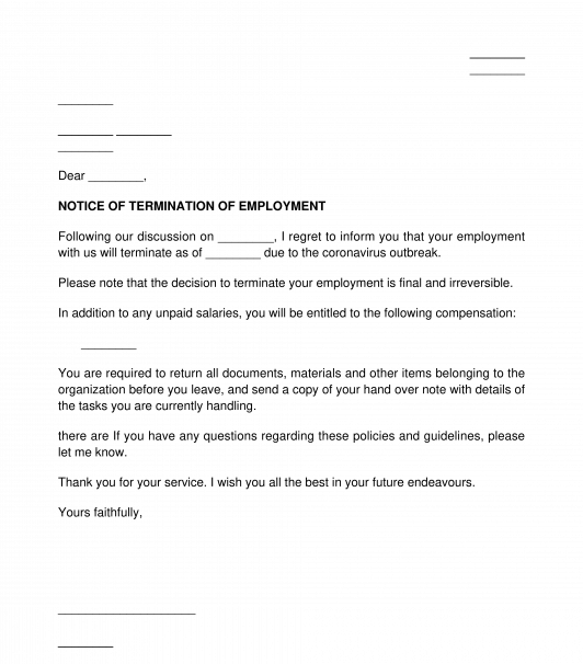 Employer's Letter of Termination Due to COVID-19/Coronavirus