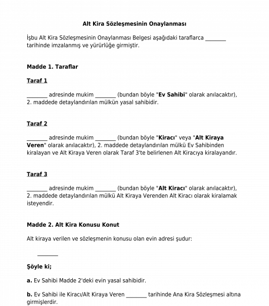 Ev Sahibinin Alt Kira Sözleşmesini Onay Mektubu