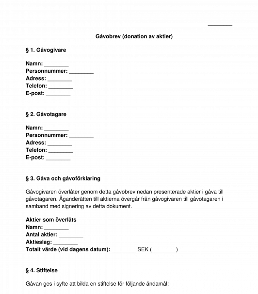 Gåvobrev donation av aktier