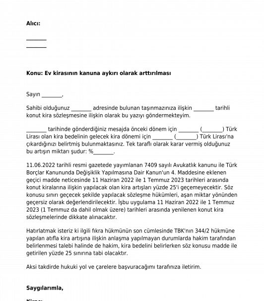 Haksız Kira Artıran Ev Sahibine İtiraz Mektubu