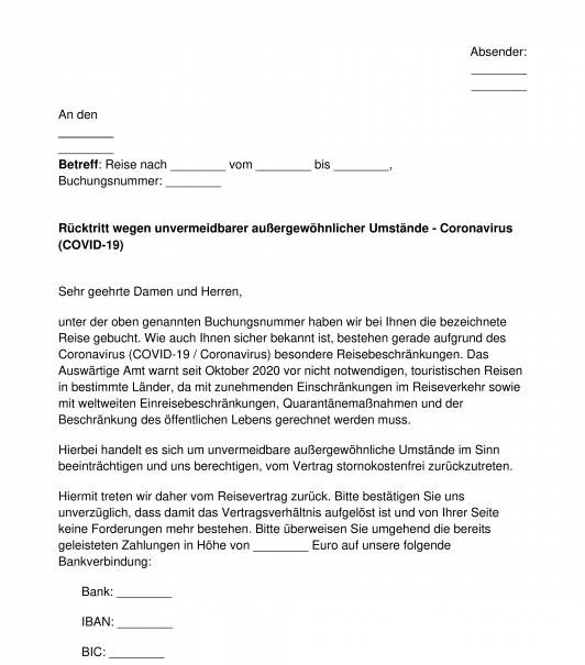 Kündigung Pauschalreise COVID-19 / Coronavirus
