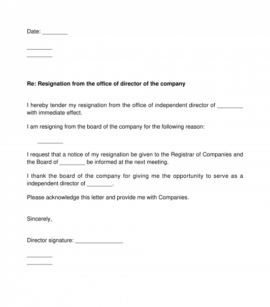 Letter of Resignation by the Director of a Company
