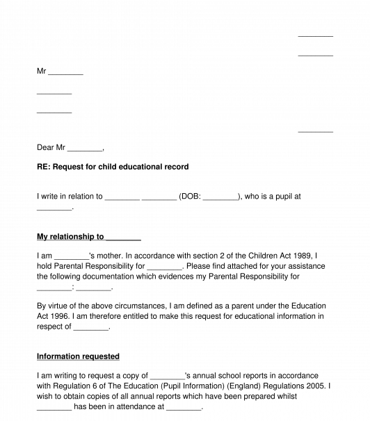 Letter to School to Request Child Educational Records