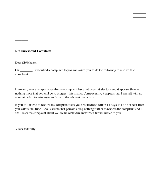 Letter of Warning Before Complaint to Ombudsman