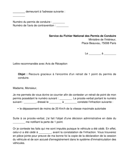 Lettre contestant un retrait de points du permis de conduire