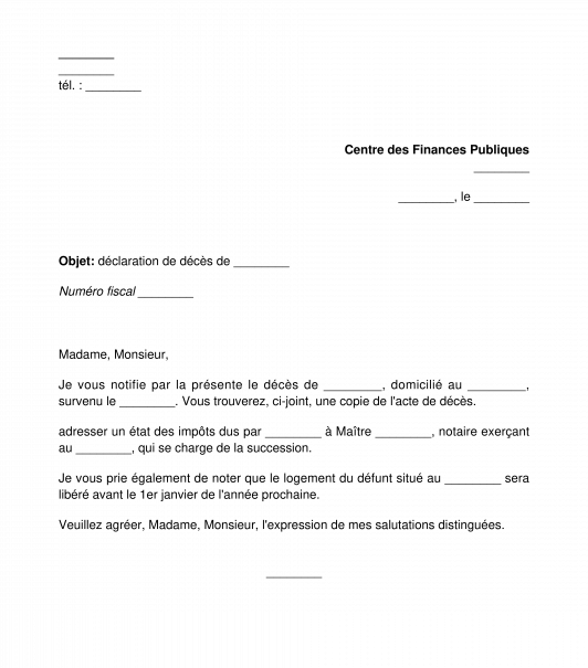 Lettre de déclaration de décès au centre des impôts et régularisation de sa situation