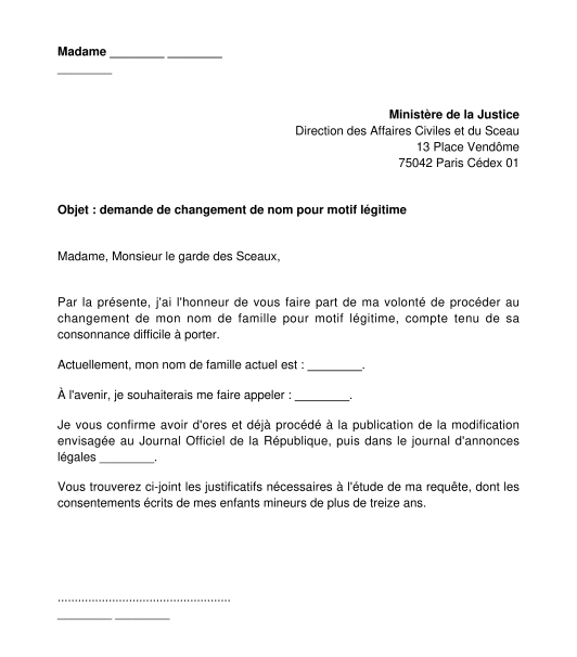 Lettre de demande de changement de nom pour motif légitime