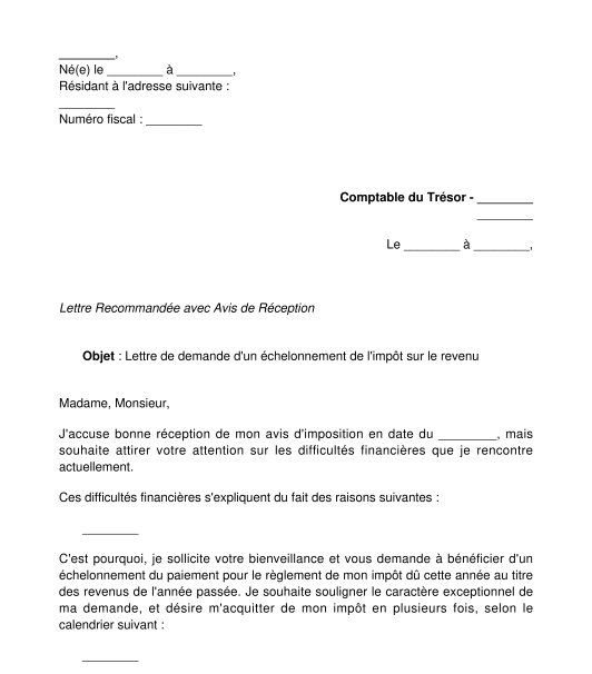 Lettre de demande d'un délai de paiement de l'impôt sur le revenu particuliers