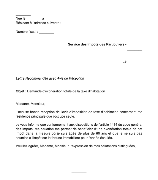 Lettre de demande d'exonération de la taxe d'habitation