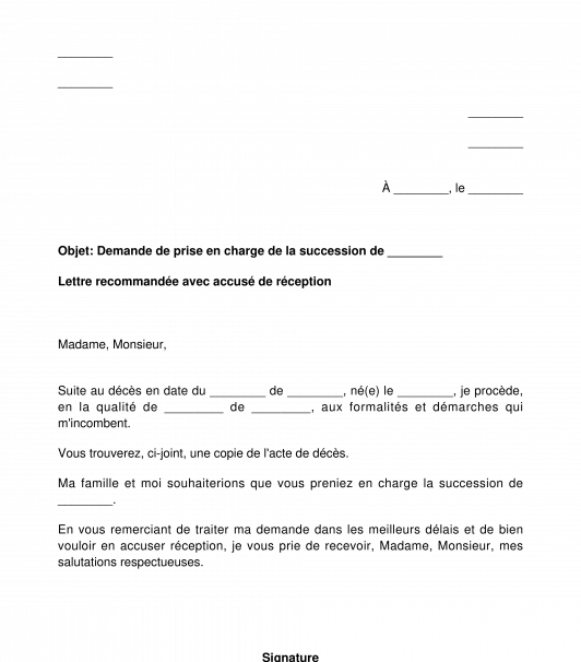 Lettre de demande de prise en charge d'une succession au notaire