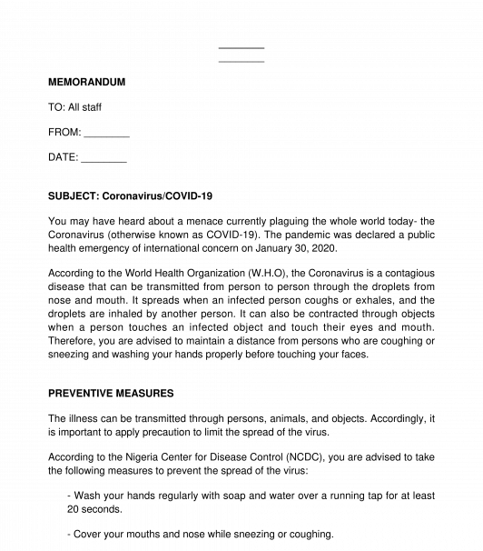 Memo to Staff about Covid-19 or Coronavirus