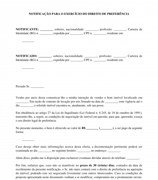 Notificação do locatário para exercício do direito de preferência