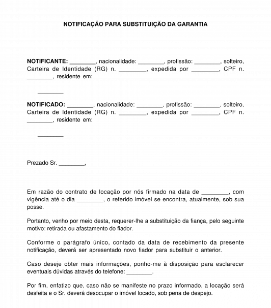 Notificação ao locatário para substituir a garantia