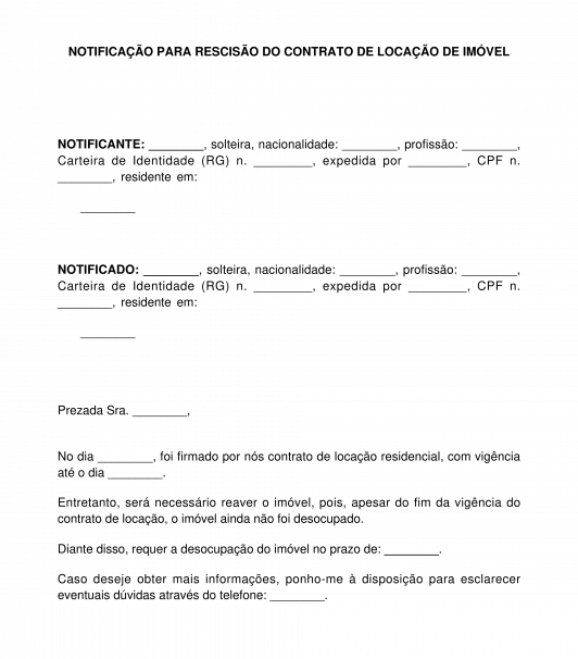 Notificação para rescisão do contrato de locação de imóvel