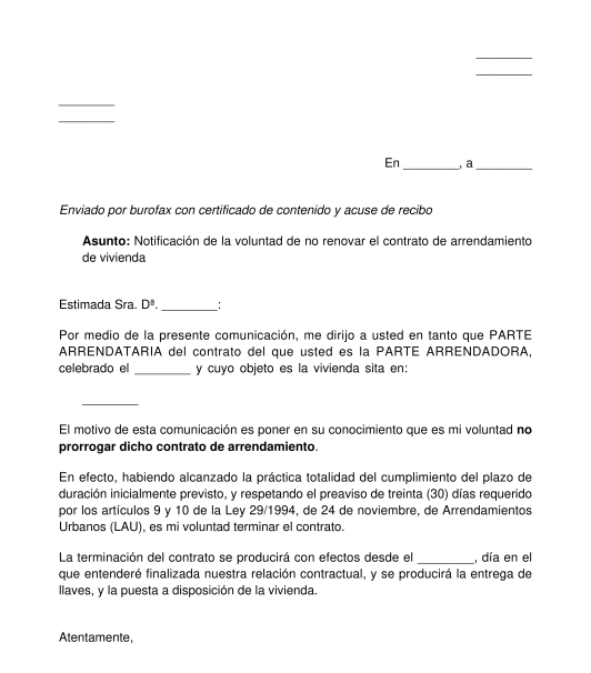 Notificación al arrendador para terminar el contrato de arrendamiento