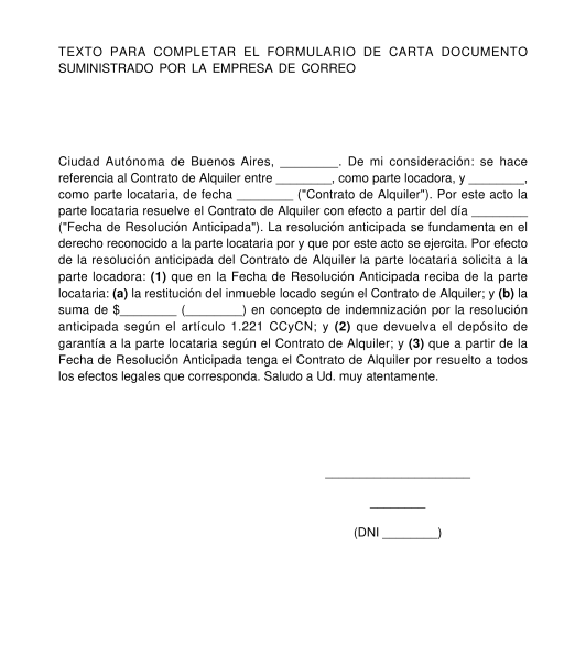 Notificación de Resolución Anticipada de Contrato de Alquiler de Inmueble