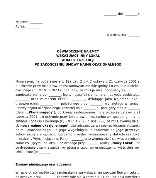 Oświadczenie najemcy najmu okazjonalnego wskazujące inny lokal w razie egzekucji