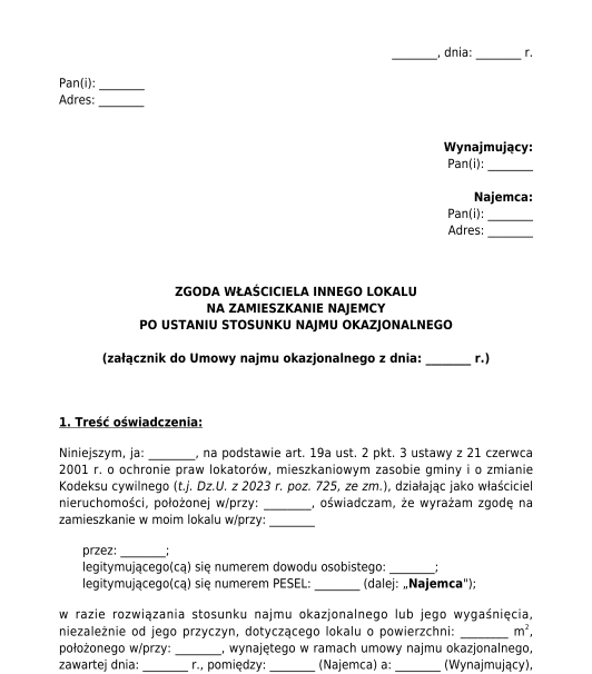 Zgoda właściciela innego lokalu na przyjęcie najemcy po zakończeniu najmu okazjonalnego