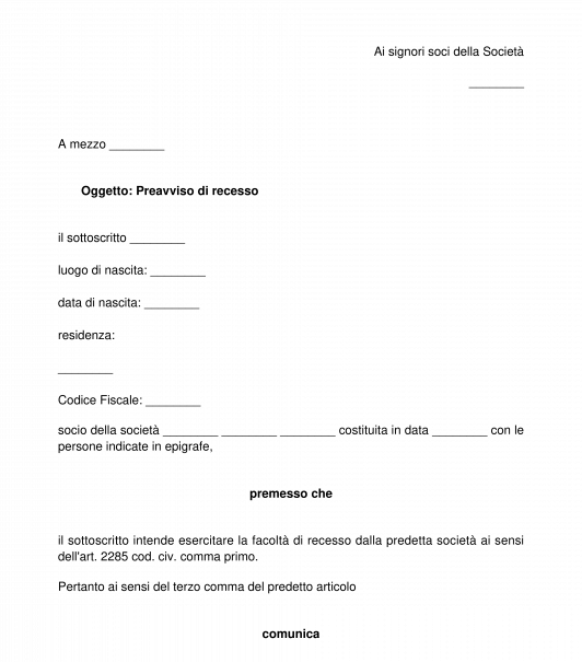 Preavviso di recesso del socio