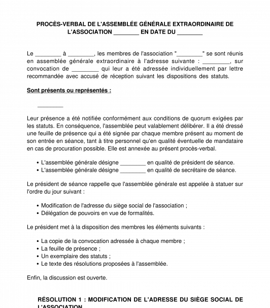 Procès-verbal de changement du siège social d'une association