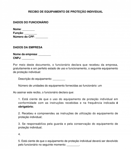 Recibo de Equipamento de Proteção Individual EPI