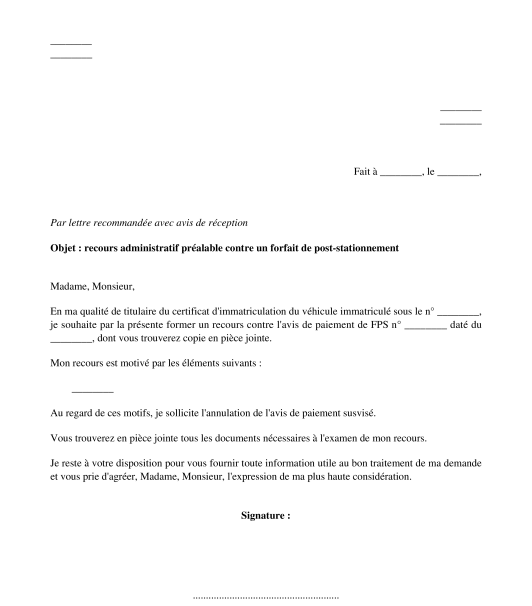 Recours contre un PV pour stationnement non payé