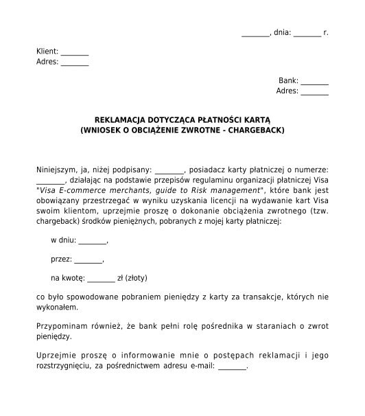 Reklamacja płatności kartą chargeback