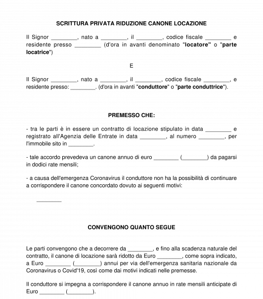Scrittura privata riduzione canone locazione Covid'19 o Coronavirus