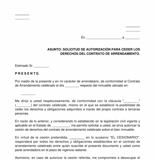 Solicitud de autorización al arrendador para ceder o subarrendar una casa o negocio