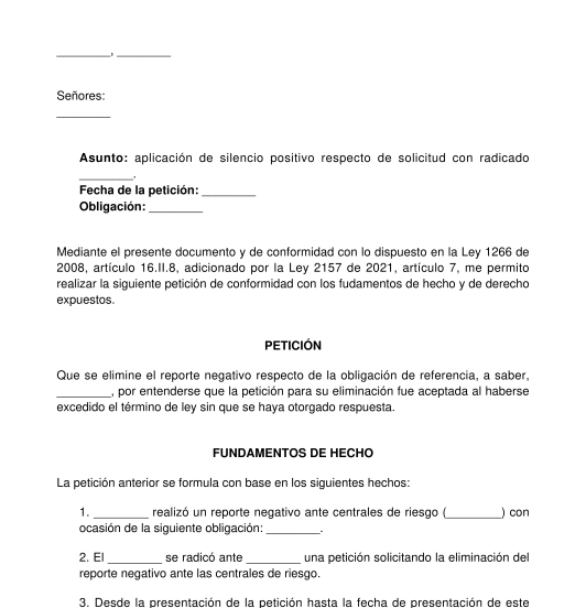 Solicitud de silencio administrativo positivo para centrales de riesgo