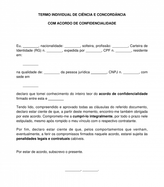 Termo individual de concordância com acordo de confidencialidade