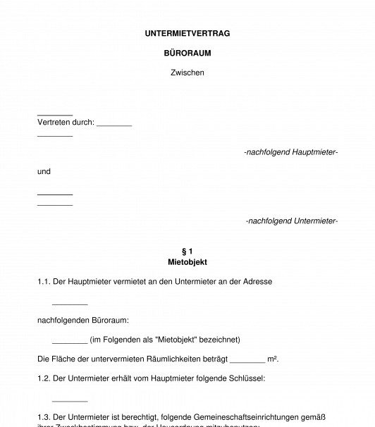 Untermietvertrag - Büroraum