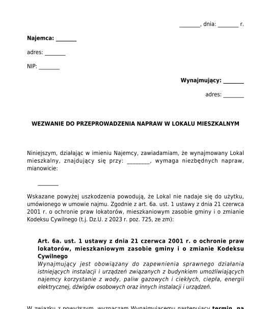 Wniosek o dokonanie napraw w wynajmowanym mieszkaniu